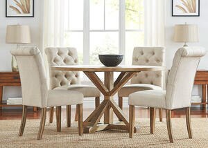 Richland 5 Pc. 60&quot; Round Table Dinette w/Beige Linen Rolled Back Chairs