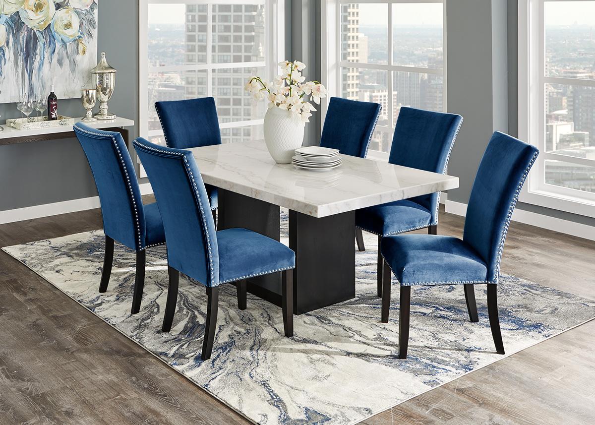 White marble table with blue chairs discount